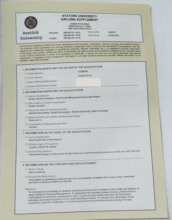 Atatürk Üniversitesi diploma eki (Diploma Supplement) — doğum tarihi ve öğrenci numarası gizlenmiştir