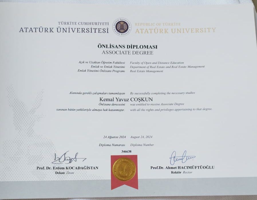 Atatürk Üniversitesi Emlak Yönetimi Önlisans Diploması — Kemal Yavuz Coşkun