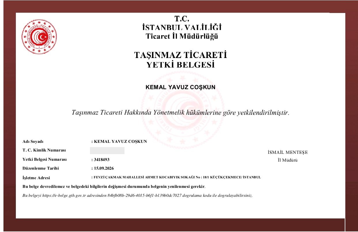 Kemal Yavuz Coşkun adına Taşınmaz Ticareti Yetki Belgesi, No 3418493 — kimlik numarası gizlenmiştir