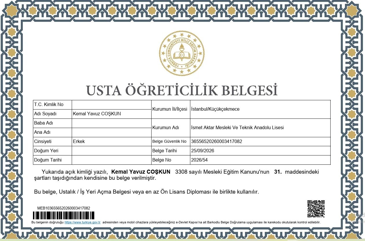 Kemal Yavuz Coşkun adına düzenlenmiş MEB Usta Öğreticilik Belgesi — kişisel bilgiler gizlenmiştir